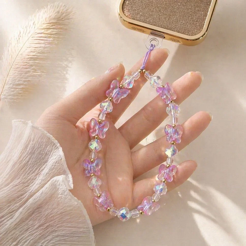Iridescent Beaded Phone Wrist Strap Butterfly Crystal Cute Aesthetic Wristlet